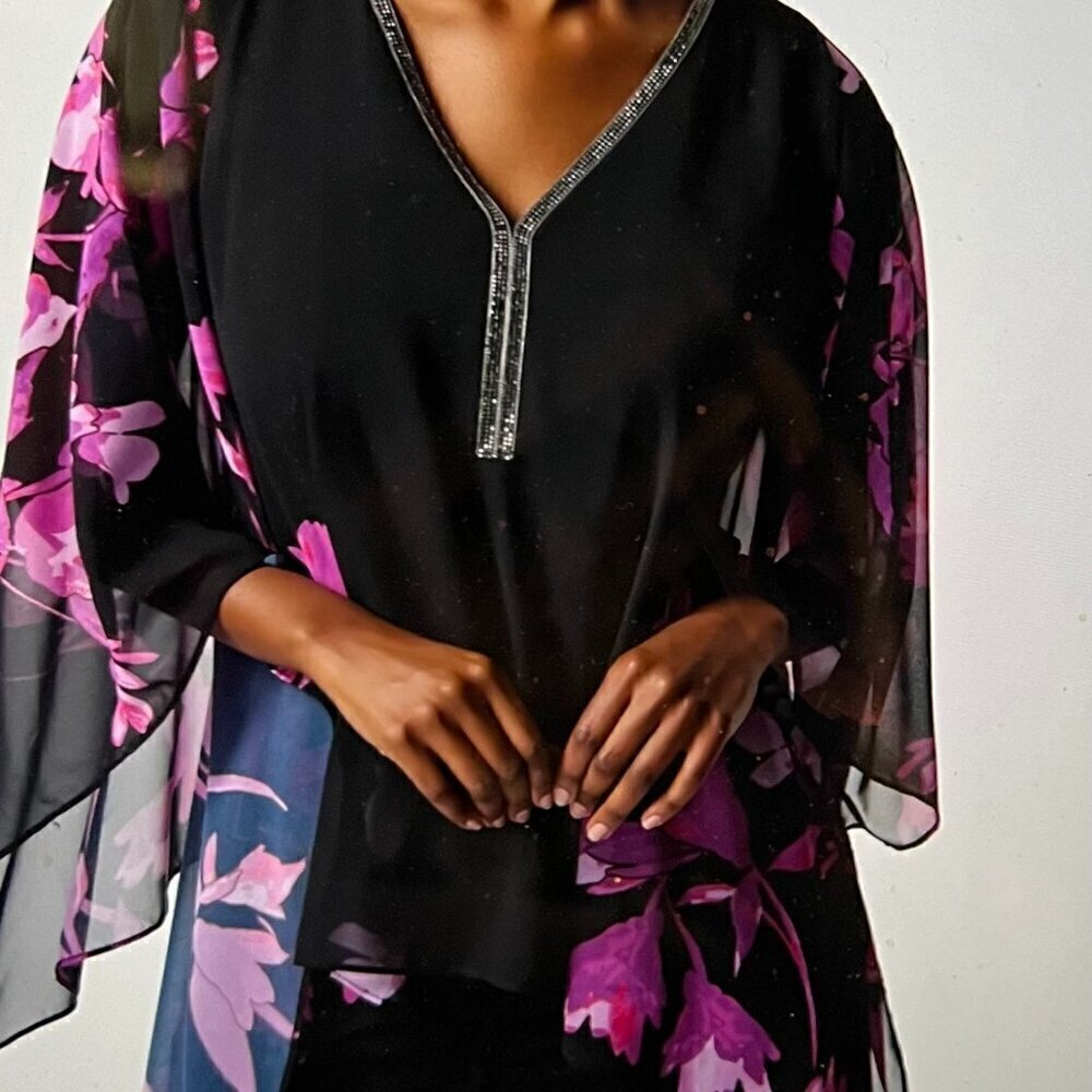 Joseph Ribkoff Black/Pink Floral Chiffon Poncho With Rhinestone Size 6